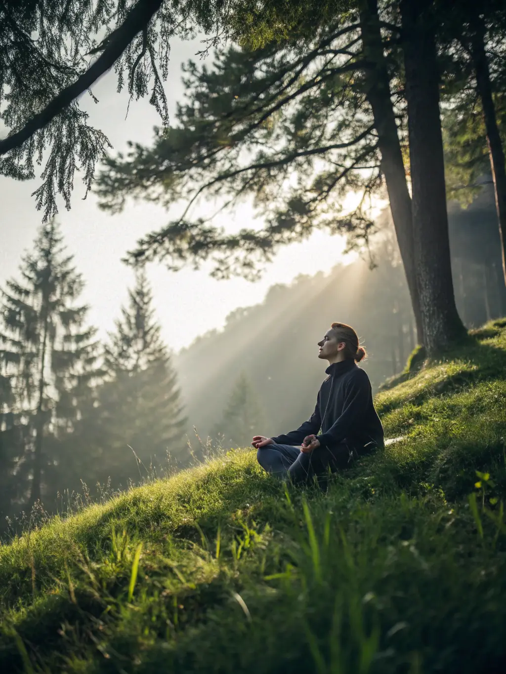 A serene image depicting a person meditating outdoors, symbolizing mental wellness and stress reduction techniques offered through Psihomreža's resources.